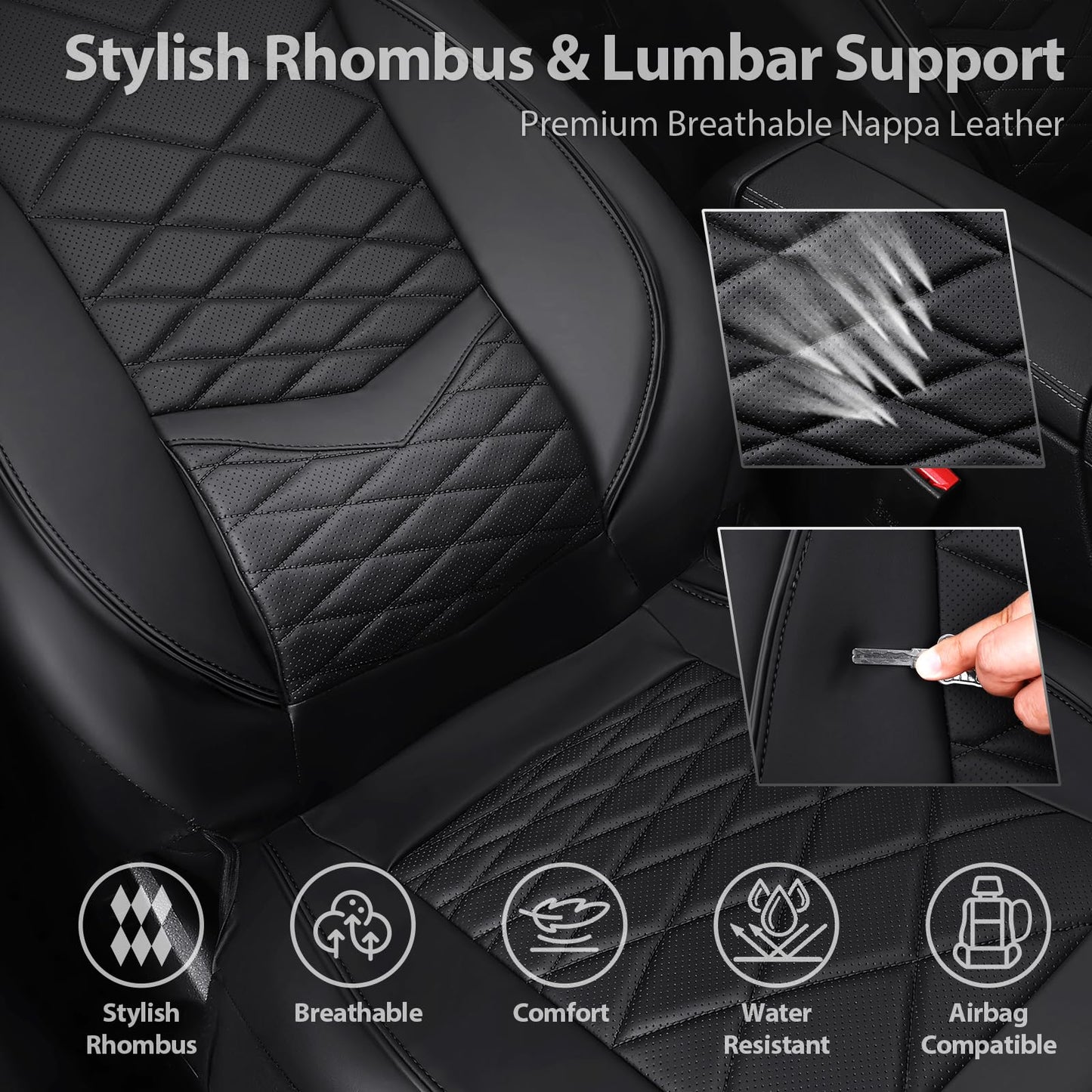 CAR PASS Luxury Nappa Leather Seat Covers with Lumbar Support